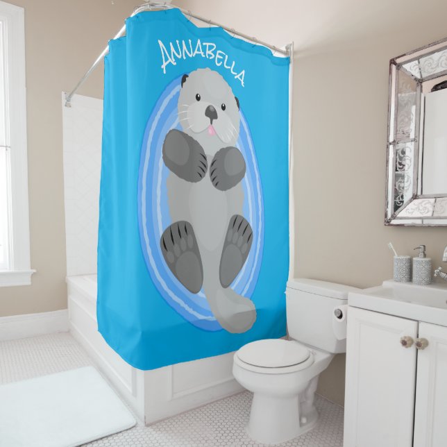 Cute happy sea otter blue cartoon illustration shower curtain (In Situ)