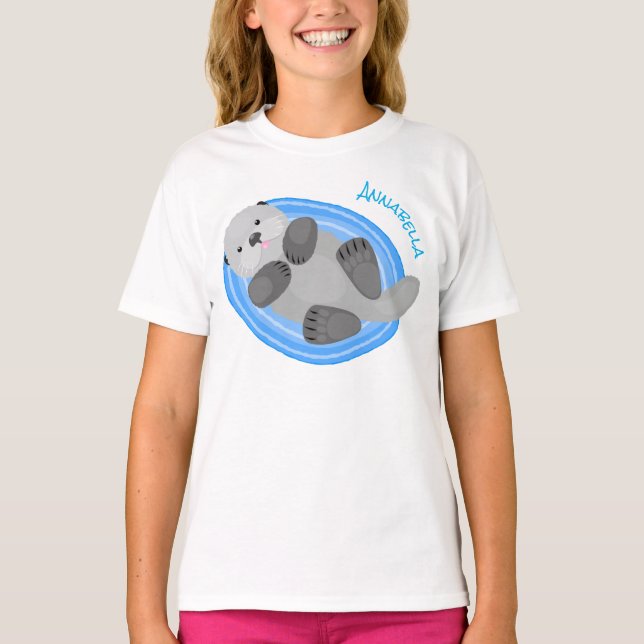 Cute happy sea otter blue cartoon illustration T-Shirt (Front)