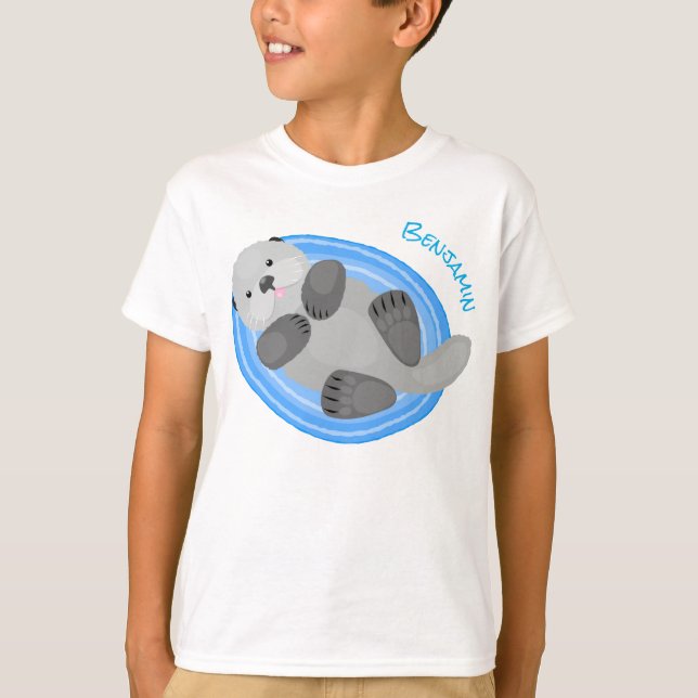 Cute happy sea otter blue cartoon illustration T-Shirt (Front)