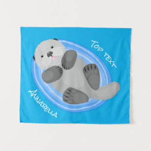 Cute happy sea otter blue cartoon illustration  tapestry