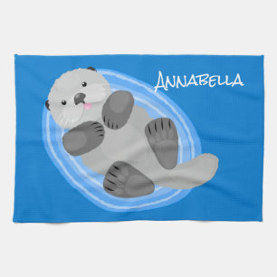 Cute happy sea otter blue cartoon illustration tea towel