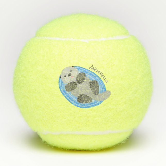 Cute happy sea otter blue cartoon illustration tennis balls (Front)