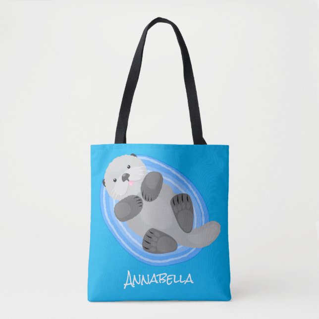 Cute happy sea otter blue cartoon illustration tote bag (Front)