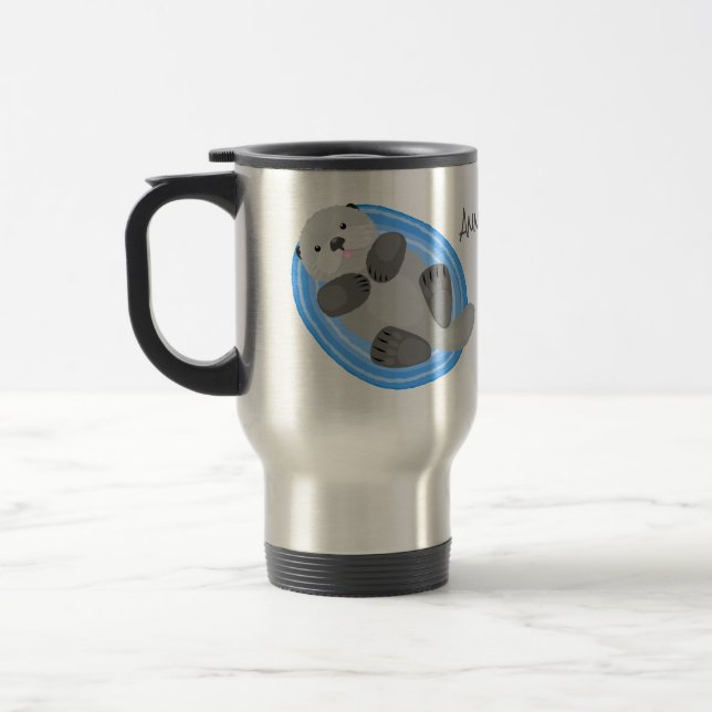 Cute happy sea otter blue cartoon illustration travel mug (Left)