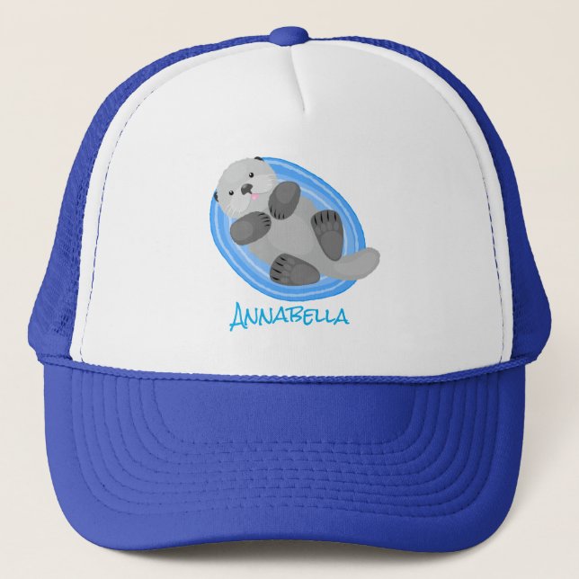 Cute happy sea otter blue cartoon illustration trucker hat (Front)