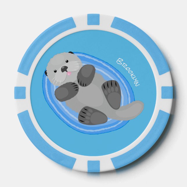Cute happy sea otter cartoon illustration poker chips (Front)