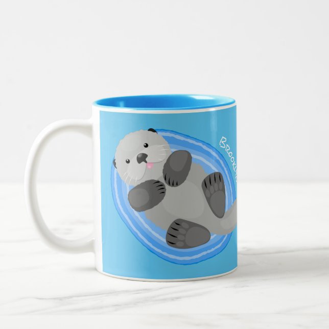 Cute happy sea otter cartoon illustration Two-Tone coffee mug (Left)