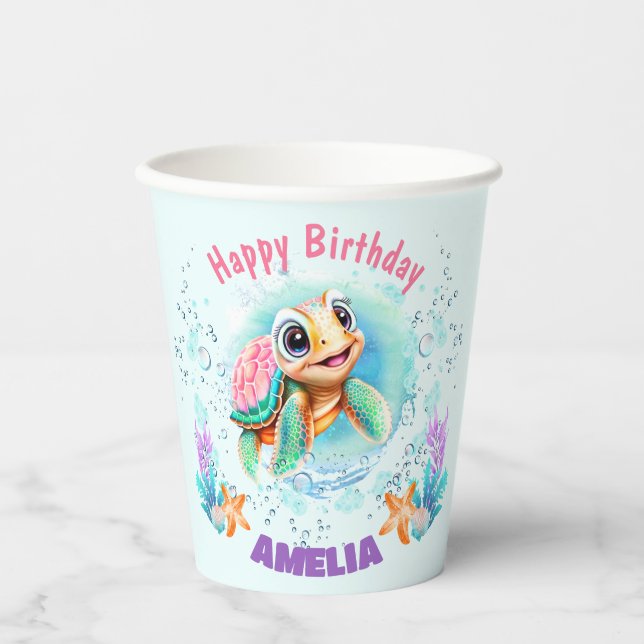 Cute Happy Sea Turtle 1st Birthday Colourful Paper Cups (Front)