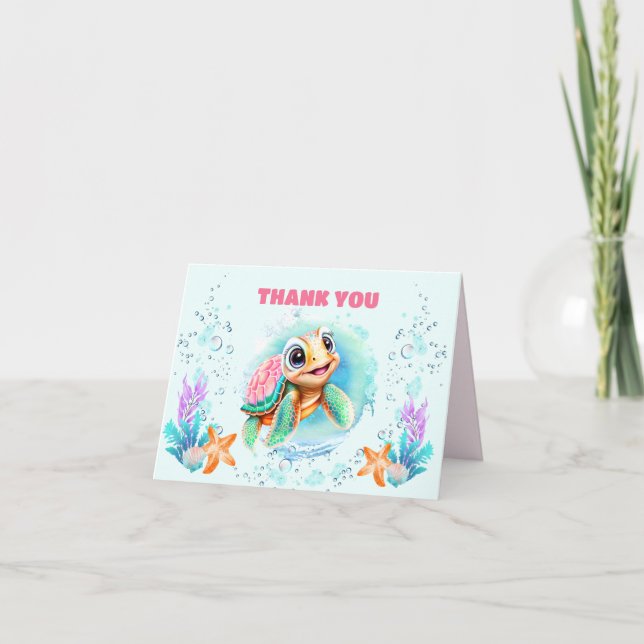 Cute Happy Sea Turtle Colourful 1st Birthday Thank You Card (Front)