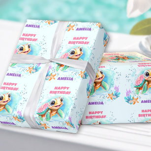 Cute Happy Sea Turtle Colourful Name 1st Birthday  Wrapping Paper