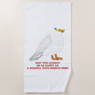 Cute happy seagull with French fries Beach Towel
