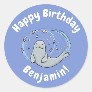 Cute happy seal and fish blue cartoon illustration