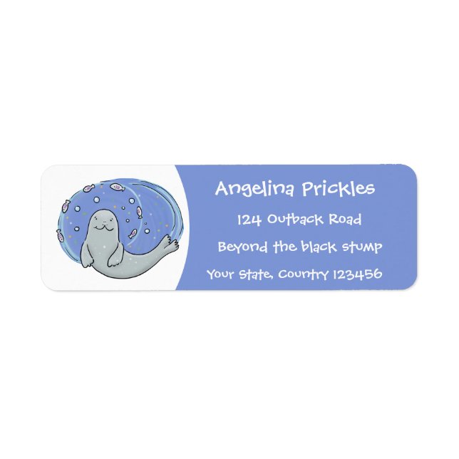 Cute happy seal and fish blue cartoon illustration (Front)