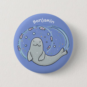 Cute happy seal and fish blue cartoon illustration 6 cm round badge