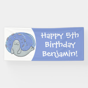 Cute happy seal and fish blue cartoon illustration banner