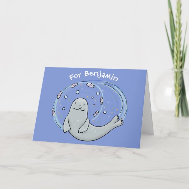 Cute happy seal and fish blue cartoon illustration card (Front)