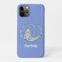 Cute happy seal and fish blue cartoon illustration