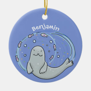 Cute happy seal and fish blue cartoon illustration ceramic tree decoration
