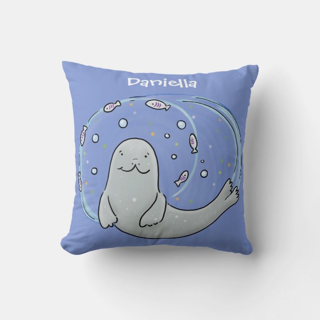 Cute happy seal and fish blue cartoon illustration cushion (Front)