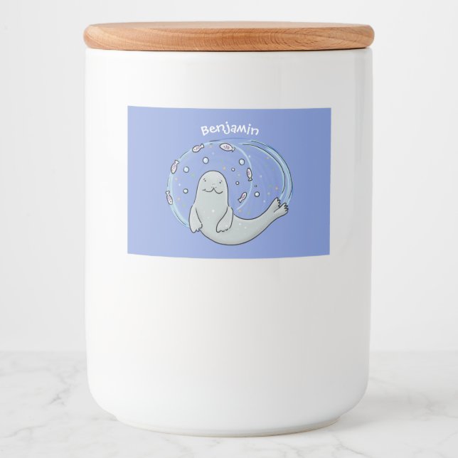 Cute happy seal and fish blue cartoon illustration food label (Front)