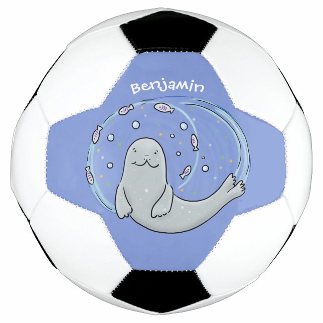 Cute happy seal and fish blue cartoon illustration football (Front)