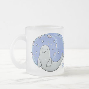 Cute happy seal and fish blue cartoon illustration frosted glass coffee mug