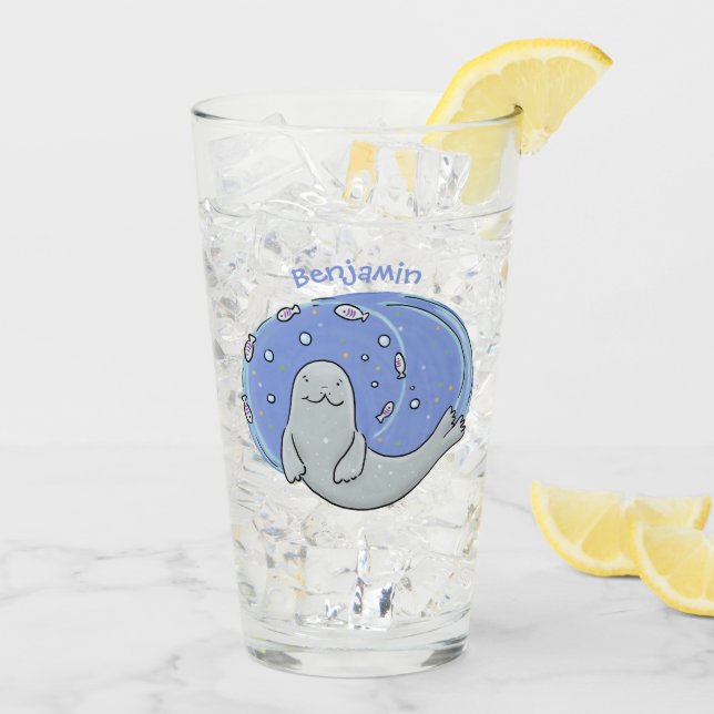 Cute happy seal and fish blue cartoon illustration glass (Back Ice)