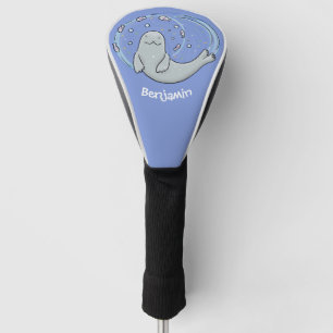 Cute happy seal and fish blue cartoon illustration golf head cover