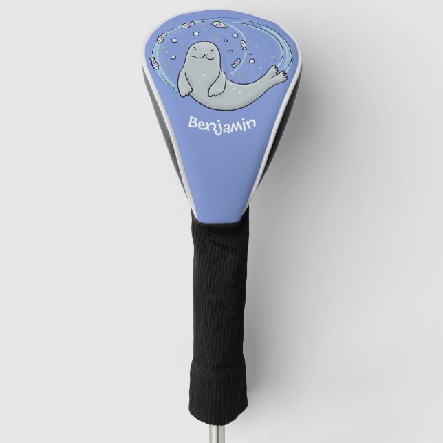 Cute happy seal and fish blue cartoon illustration golf head cover (Front)