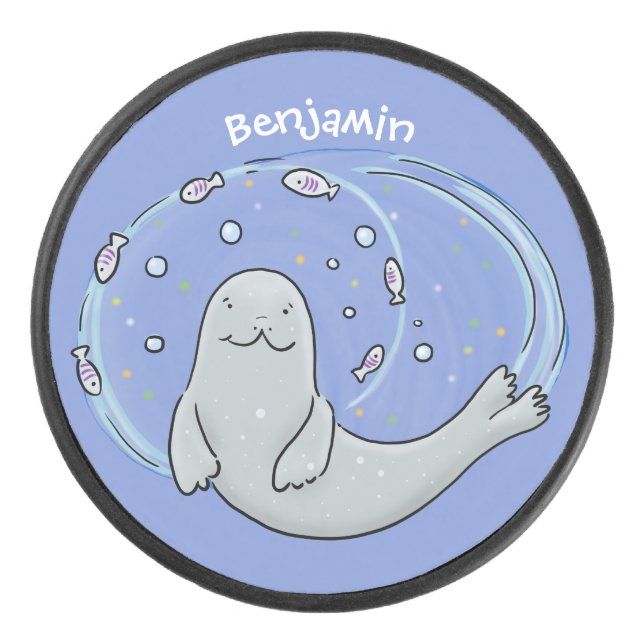 Cute happy seal and fish blue cartoon illustration hockey puck (Front)