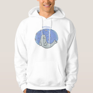 Cute happy seal and fish blue cartoon illustration hoodie