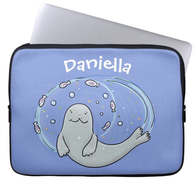 Cute happy seal and fish blue cartoon illustration laptop sleeve (Front)