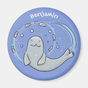 Cute happy seal and fish blue cartoon illustration magnet