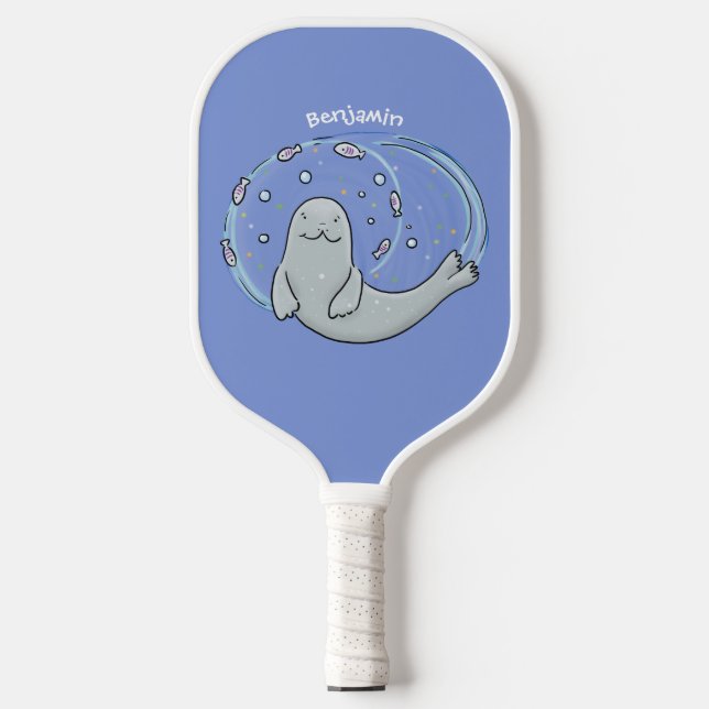 Cute happy seal and fish blue cartoon illustration pickleball paddle (Front)