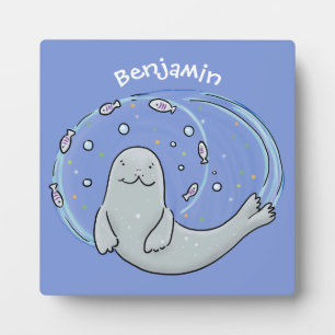 Cute happy seal and fish blue cartoon illustration plaque