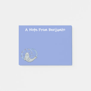 Cute happy seal and fish blue cartoon illustration post-it notes