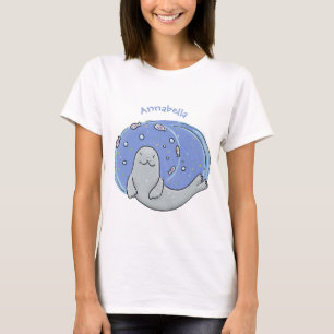 Cute happy seal and fish blue cartoon illustration T-Shirt