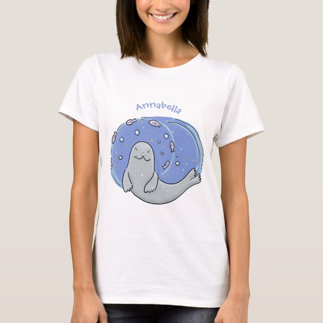 Cute happy seal and fish blue cartoon illustration T-Shirt (Front)