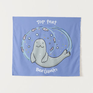 Cute happy seal and fish blue cartoon illustration tapestry