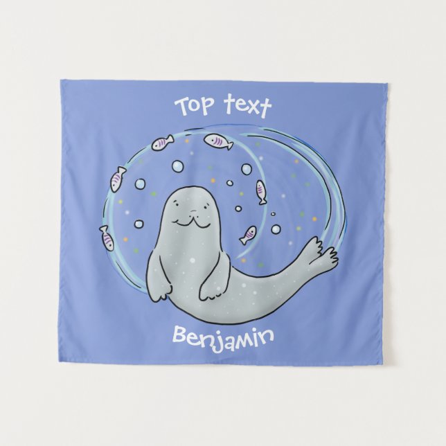 Cute happy seal and fish blue cartoon illustration tapestry (Front (Horizontal))