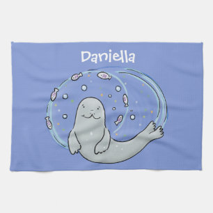 Cute happy seal and fish blue cartoon illustration tea towel