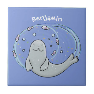 Cute happy seal and fish blue cartoon illustration tile