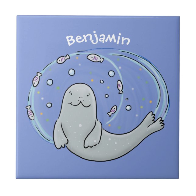 Cute happy seal and fish blue cartoon illustration tile (Front)