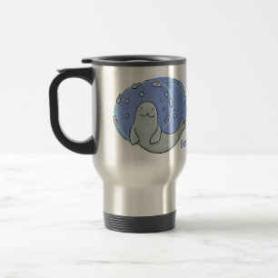Cute happy seal and fish blue cartoon illustration travel mug