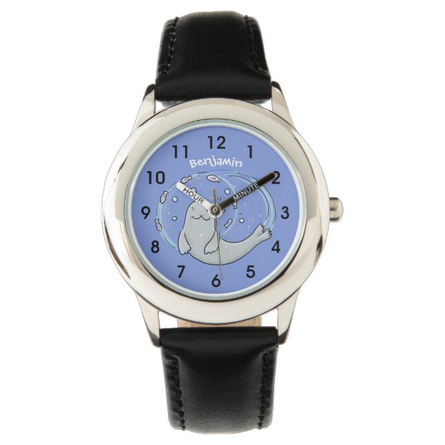 Cute happy seal and fish blue cartoon illustration watch (Front)