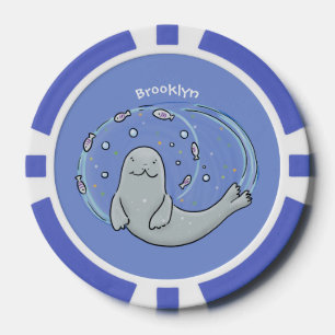 Cute happy seal and fish cartoon illustration poker chips