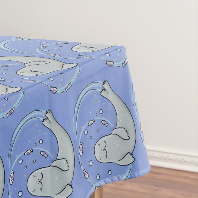 Cute happy seal and fish cartoon illustration tablecloth (In Situ)