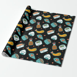 Cute happy seamless sushi pattern on black wrapping paper