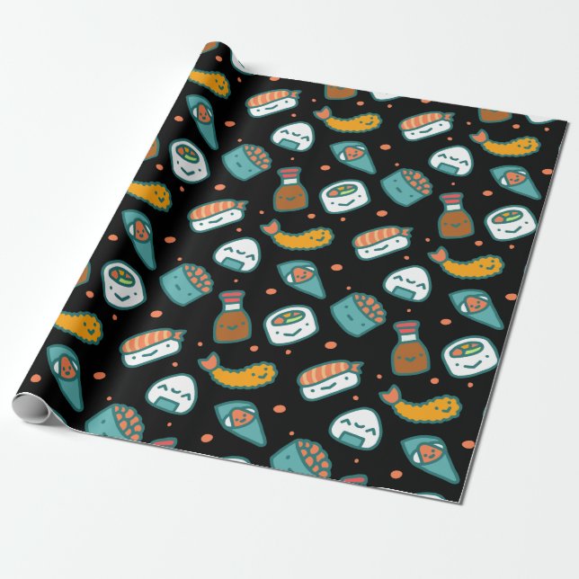 Cute happy seamless sushi pattern on black wrapping paper (Unrolled)