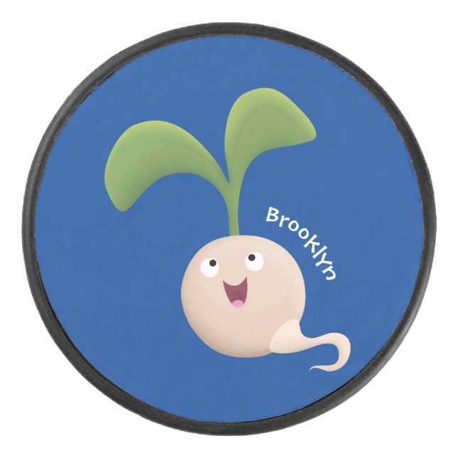 Cute happy seed sprout cartoon illustration hockey puck (Front)